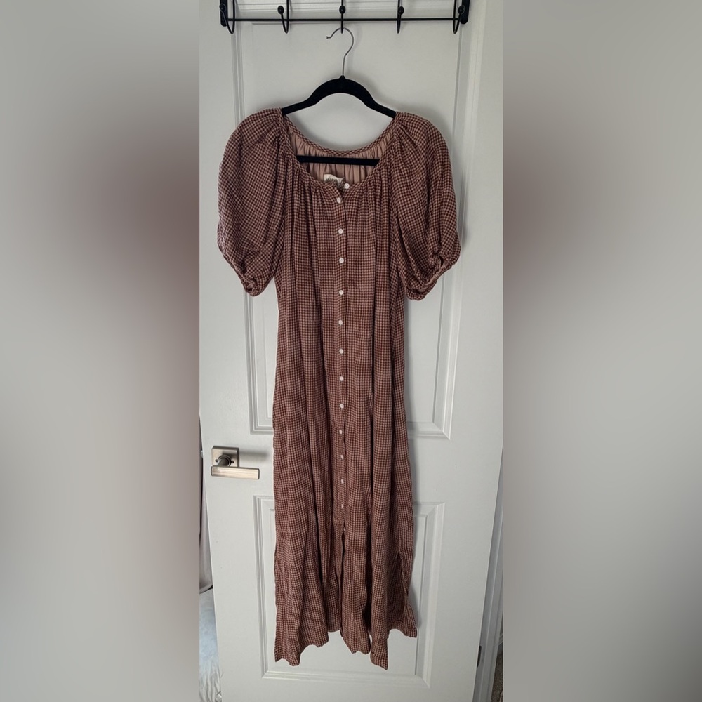 Gingham Button-Front Midi Dress in Brown Check
